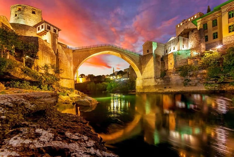 The Old Bridge at Mostar above the Neretva at sunset